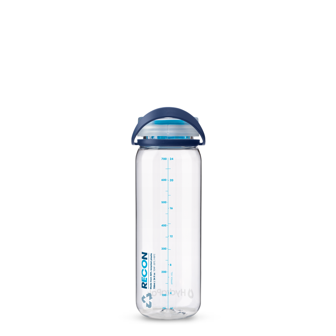 Back view of 750ml HydraPak Recon™ water bottle with twist cap, bail handle and measurement markings – Navy/Cyan 