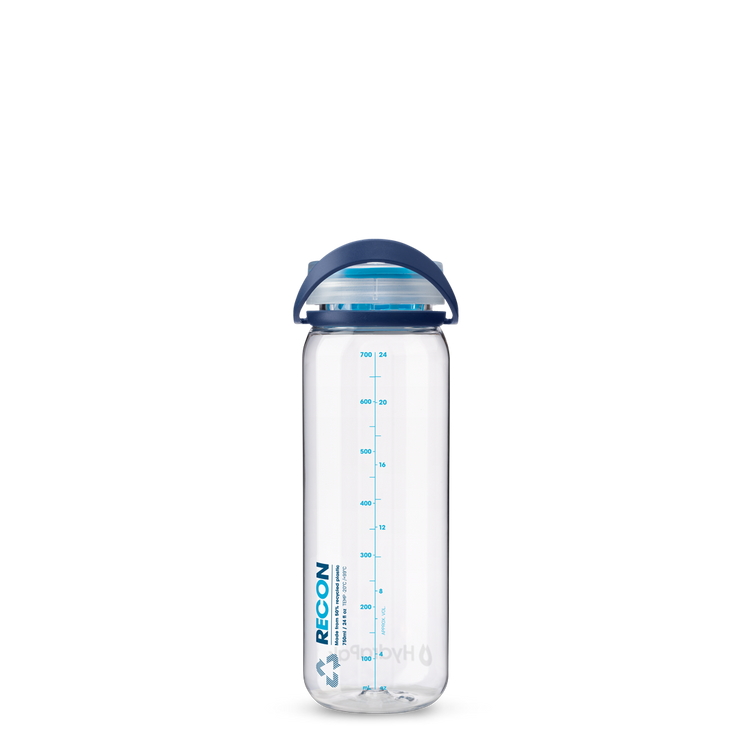 Back view of 750ml HydraPak Recon™ water bottle with twist cap, bail handle and measurement markings – Navy/Cyan 