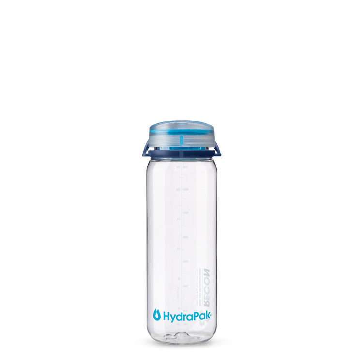 Front view of 750ml HydraPak Recon™ water bottle with twist cap and bail handle – Navy/Cyan 