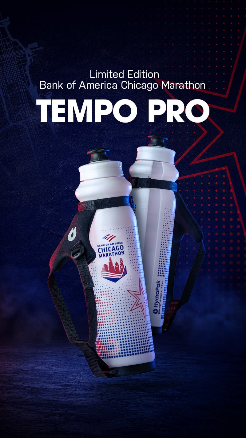 Two white and black Tempo Pro water bottles with Chicago Marathon branding, displayed against a dark blue and black graphic background with promotional text.